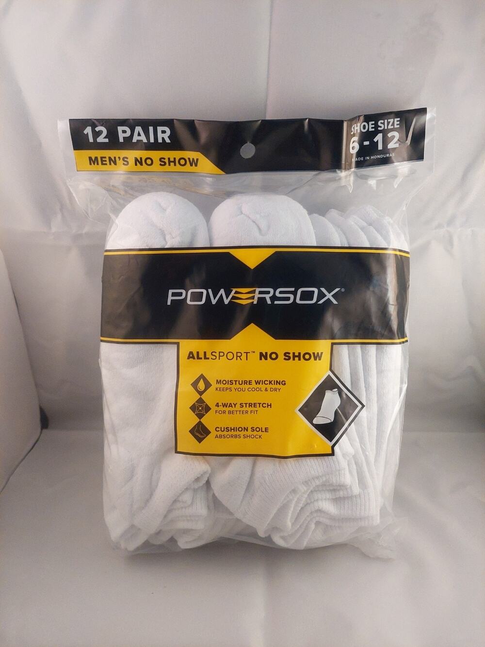 Men's Powersox All Sport Moisture Wicking No Show Socks 12 Pair White Large 6-12